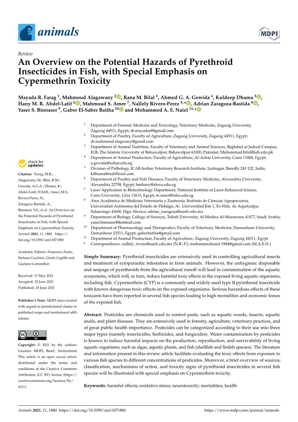 An Overview on the Potential Hazards of Pyrethroid Insecticides in Fish, with Special Emphasis on Cypermethrin Toxicity