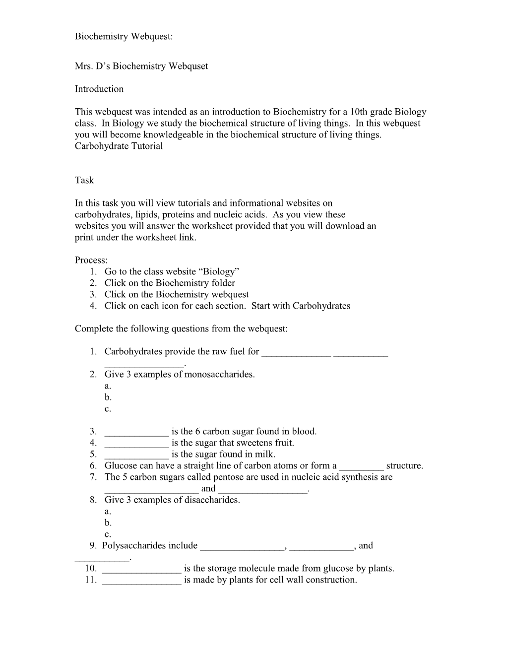 Biochemistry Webquest