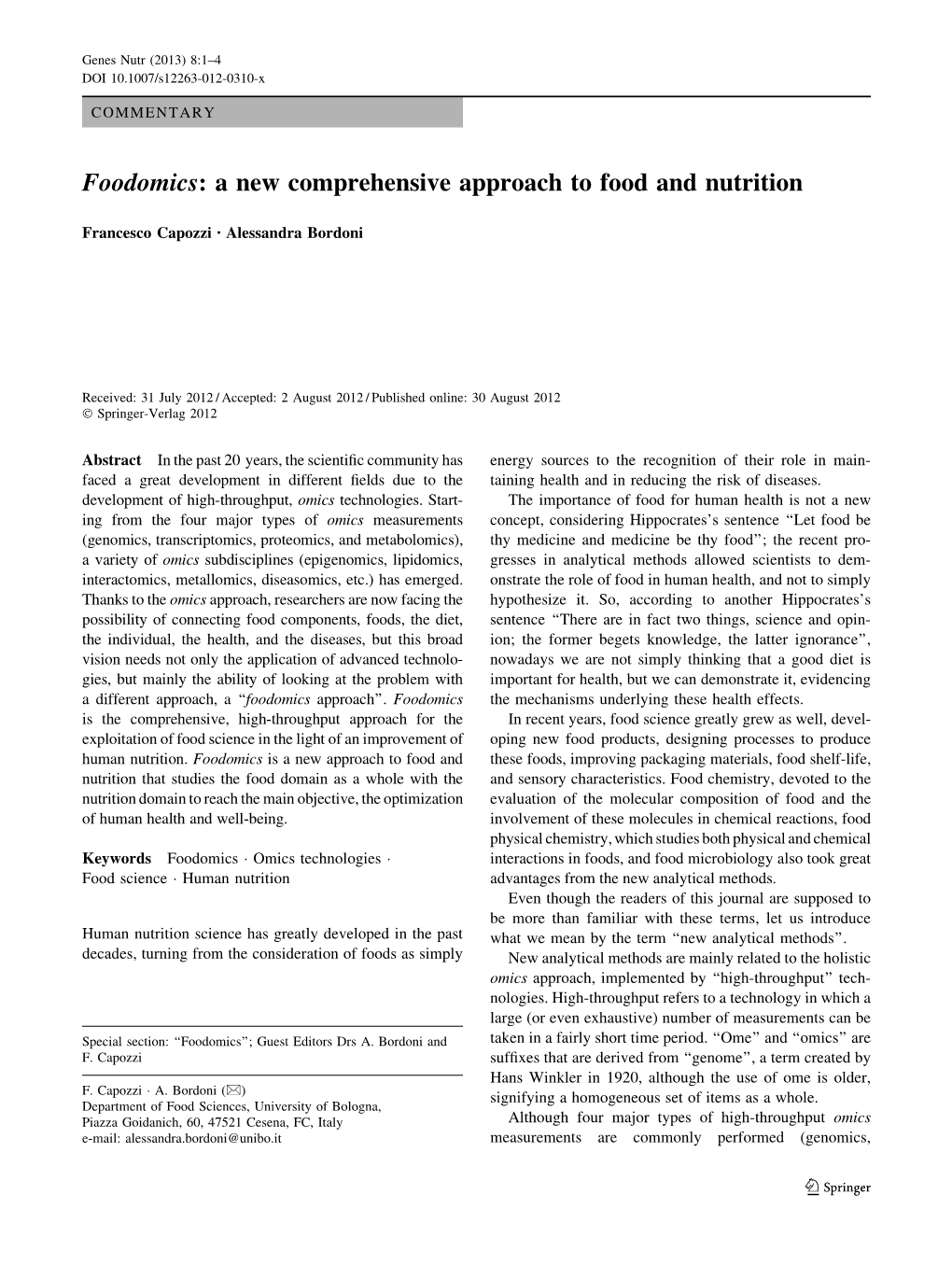 Foodomics: a New Comprehensive Approach to Food and Nutrition