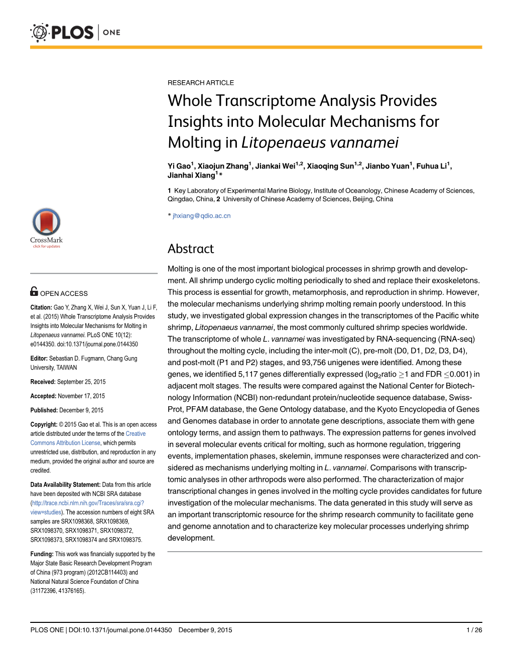 Whole Transcriptome Analysis Provides Insights Into Molecular Mechanisms for Molting in Litopenaeus Vannamei