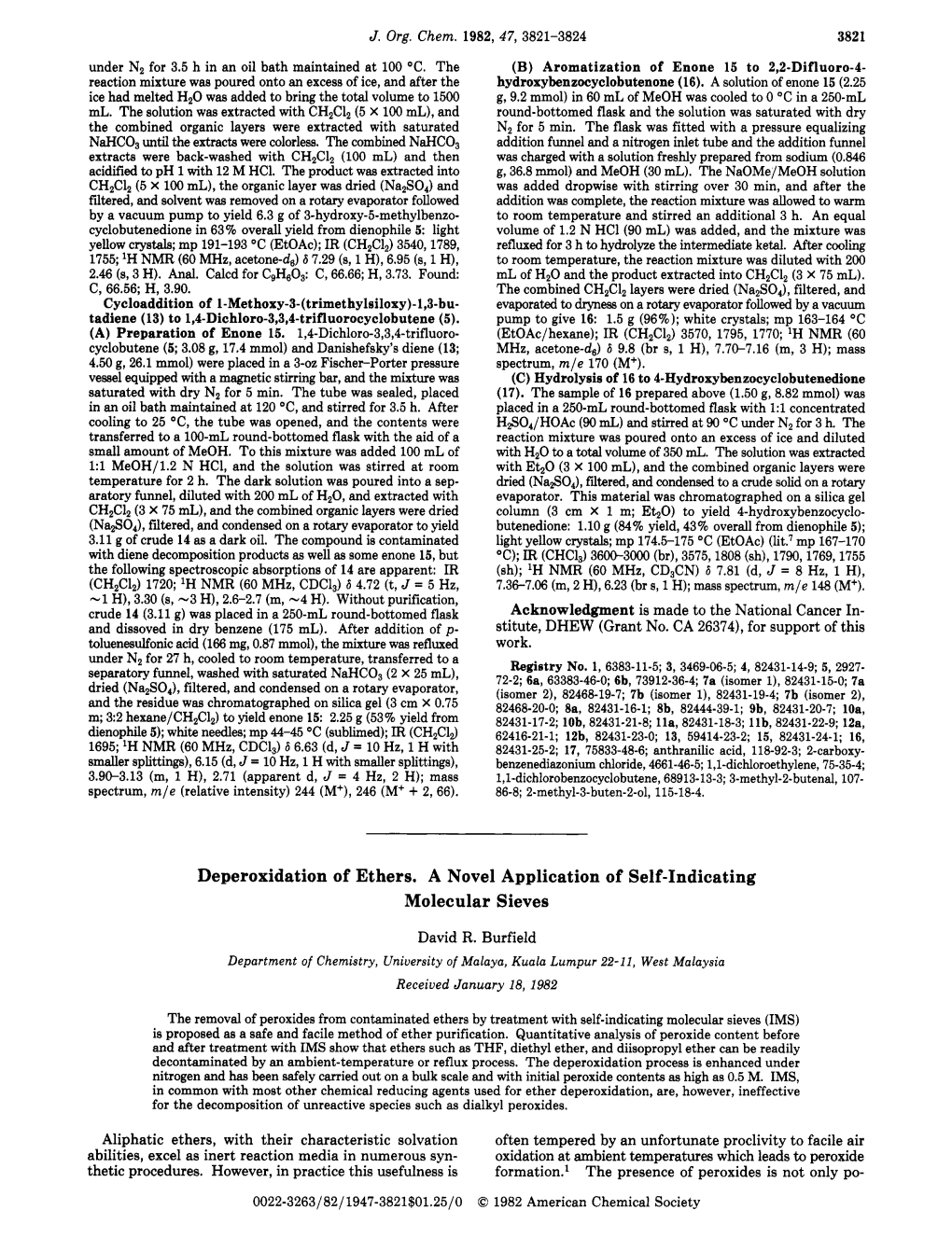 Deperoxidation of Ethers. a Novel Application of Self-Indicating Molecular Sieves