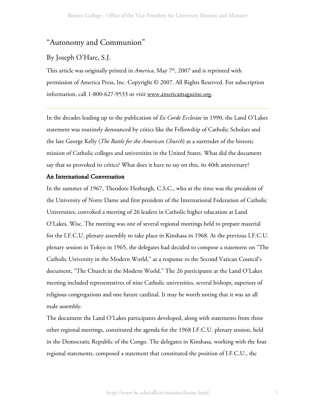 “Autonomy and Communion” by Joseph O’Hare, S.J