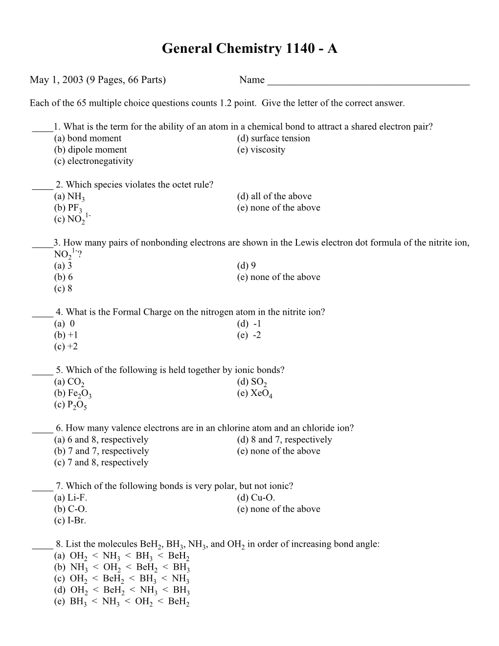 General Chemistry 1140 - A