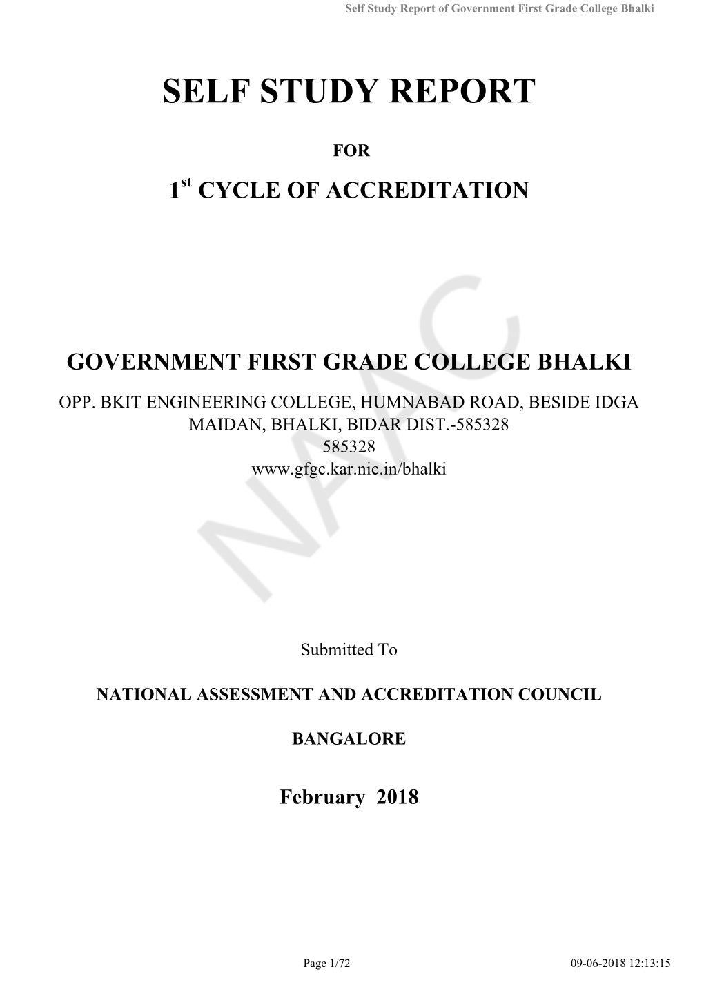 Self Study Report of Government First Grade College Bhalki