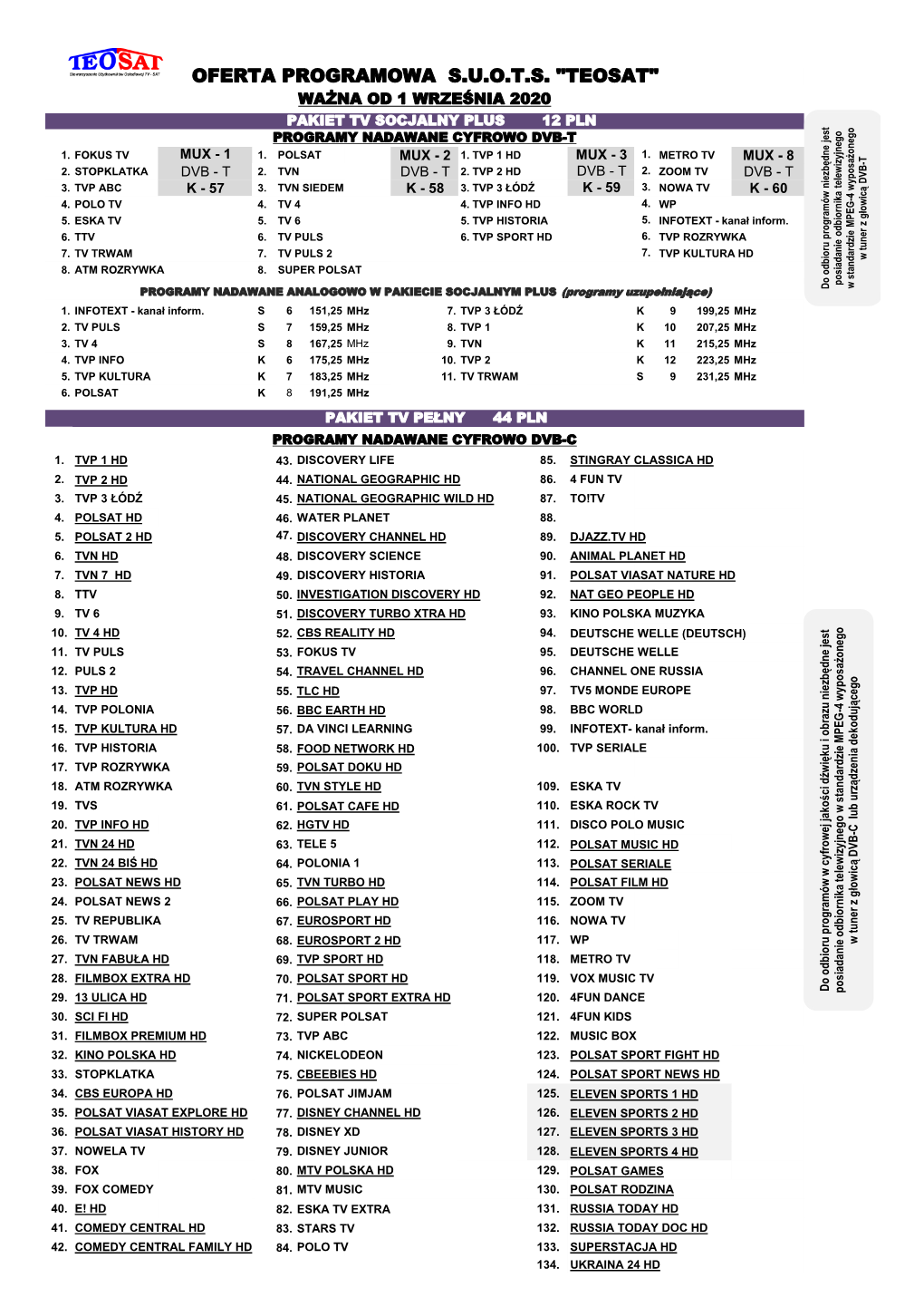 Oferta Programowa S.U.O.T.S. "Teosat" Ważna Od 1 Września 2020 Pakiet Tv Socjalny Plus 12 Pln Programy Nadawane Cyfrowo Dvb-T 1