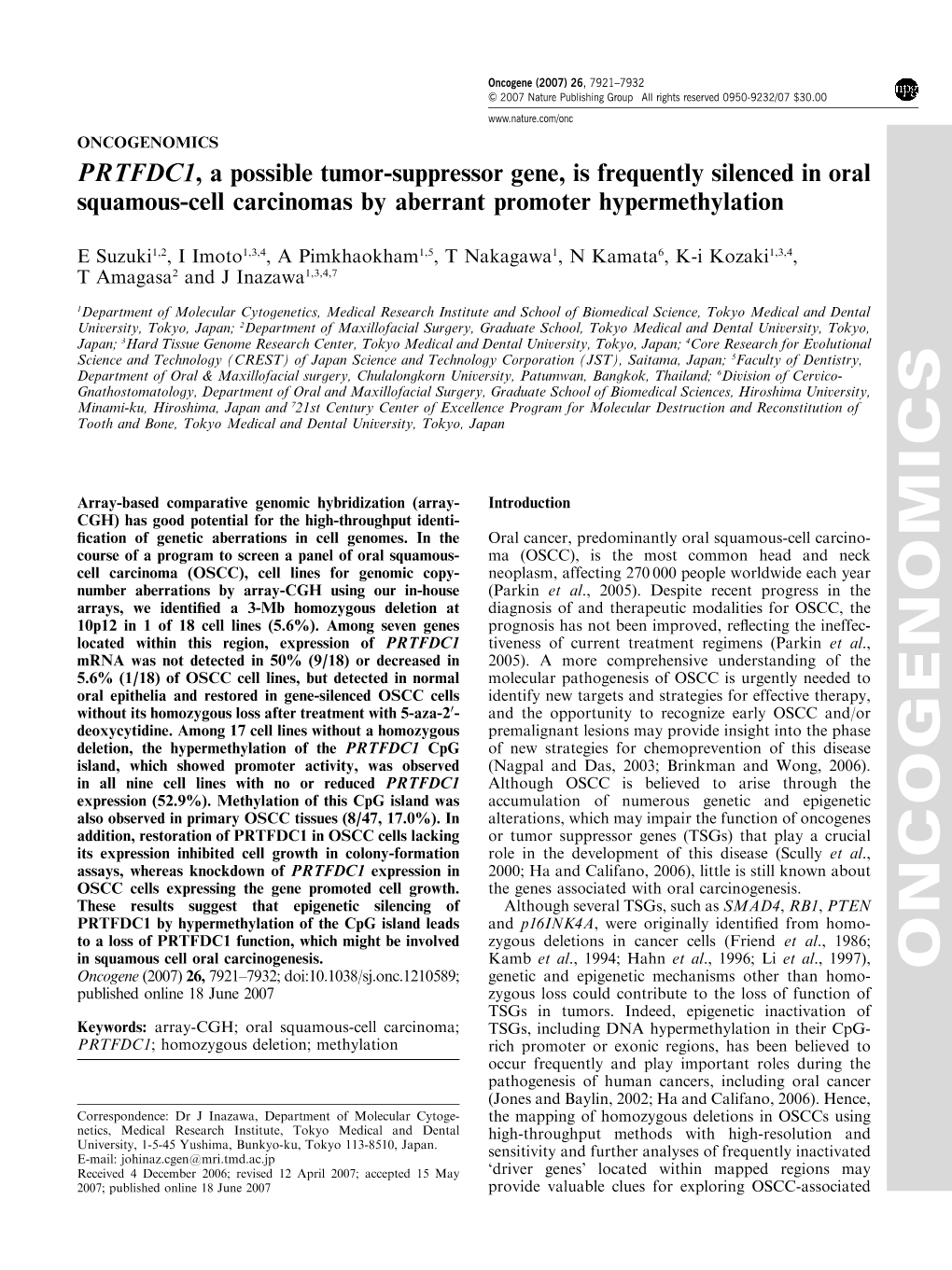 ONCOGENOMICS PRTFDC1, a Possible Tumor-Suppressor Gene, Is Frequently Silenced in Oral Squamous-Cell Carcinomas by Aberrant Promoter Hypermethylation