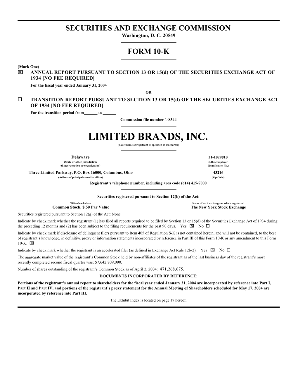 LIMITED BRANDS, INC. (Exact Name of Registrant As Specified in Its Charter)