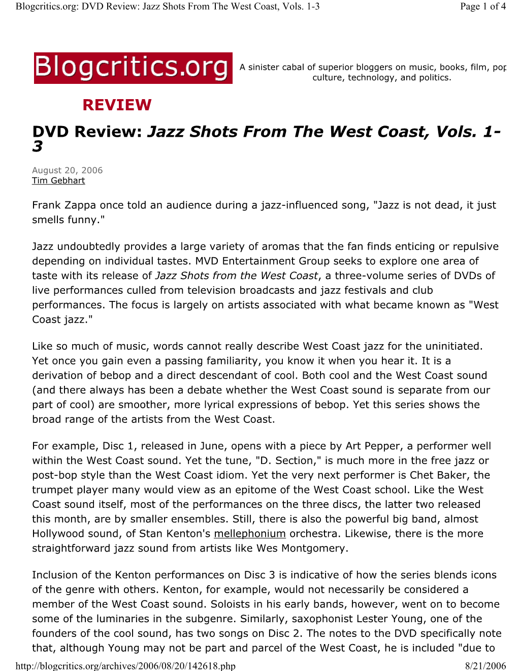 DVD Review: Jazz Shots from the West Coast, Vols. 1- 3 REVIEW