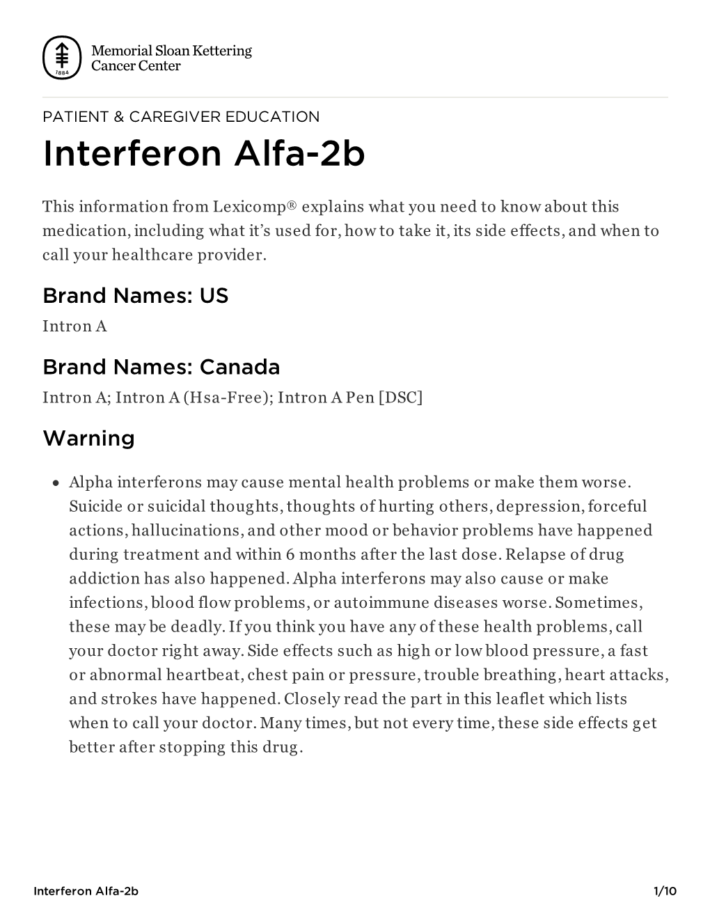 Interferon Alfa-2B | Memorial Sloan Kettering Cancer Center
