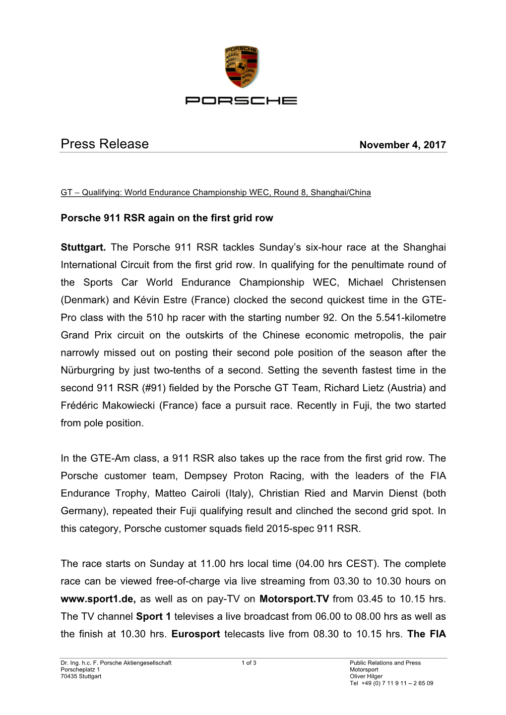 Press Release November 4, 2017