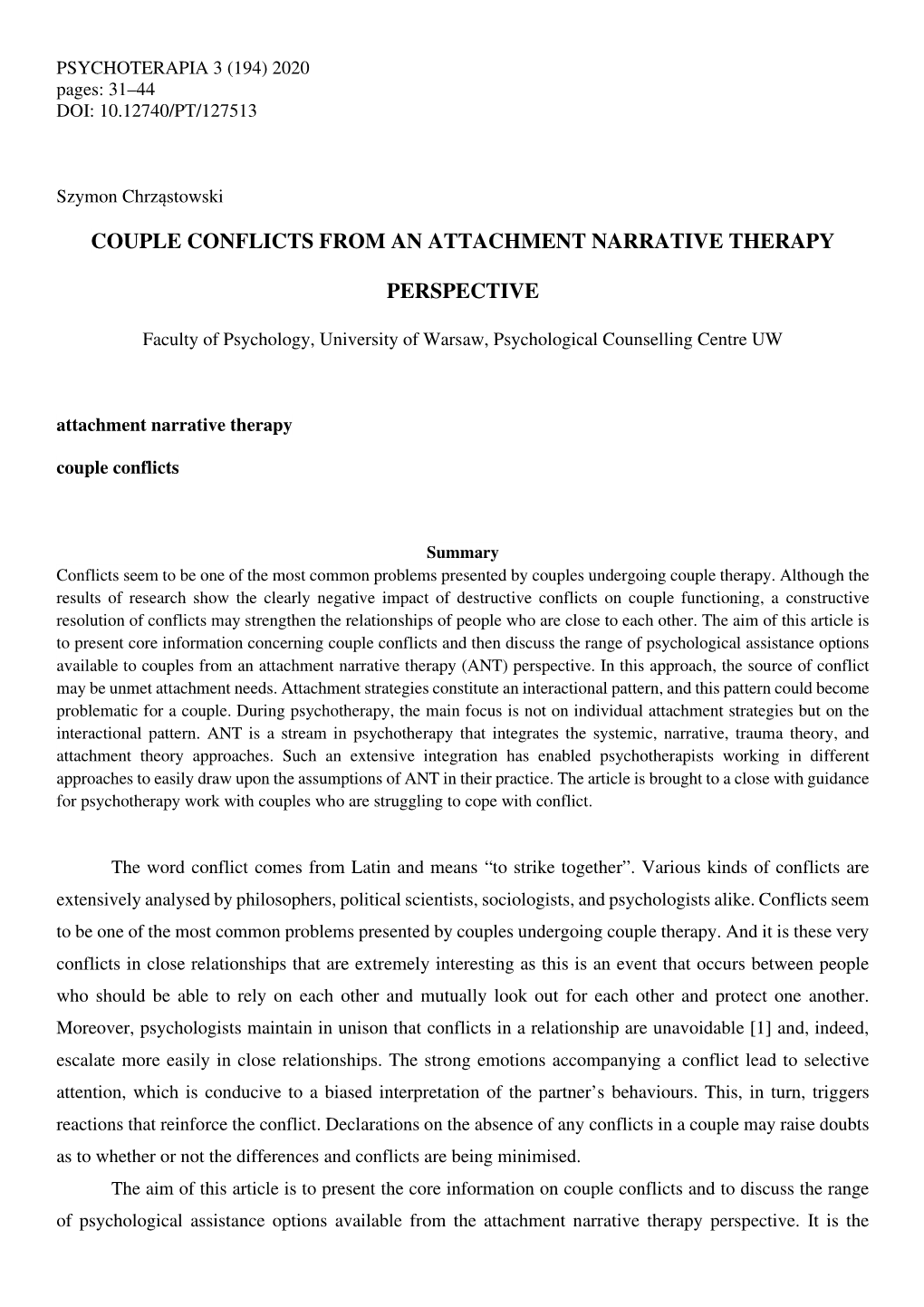 Couple Conflicts from an Attachment Narrative Therapy