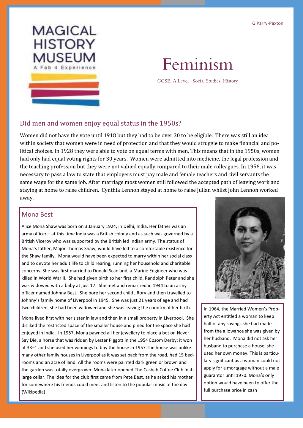 Feminism GCSE, a Level– Social Studies, History