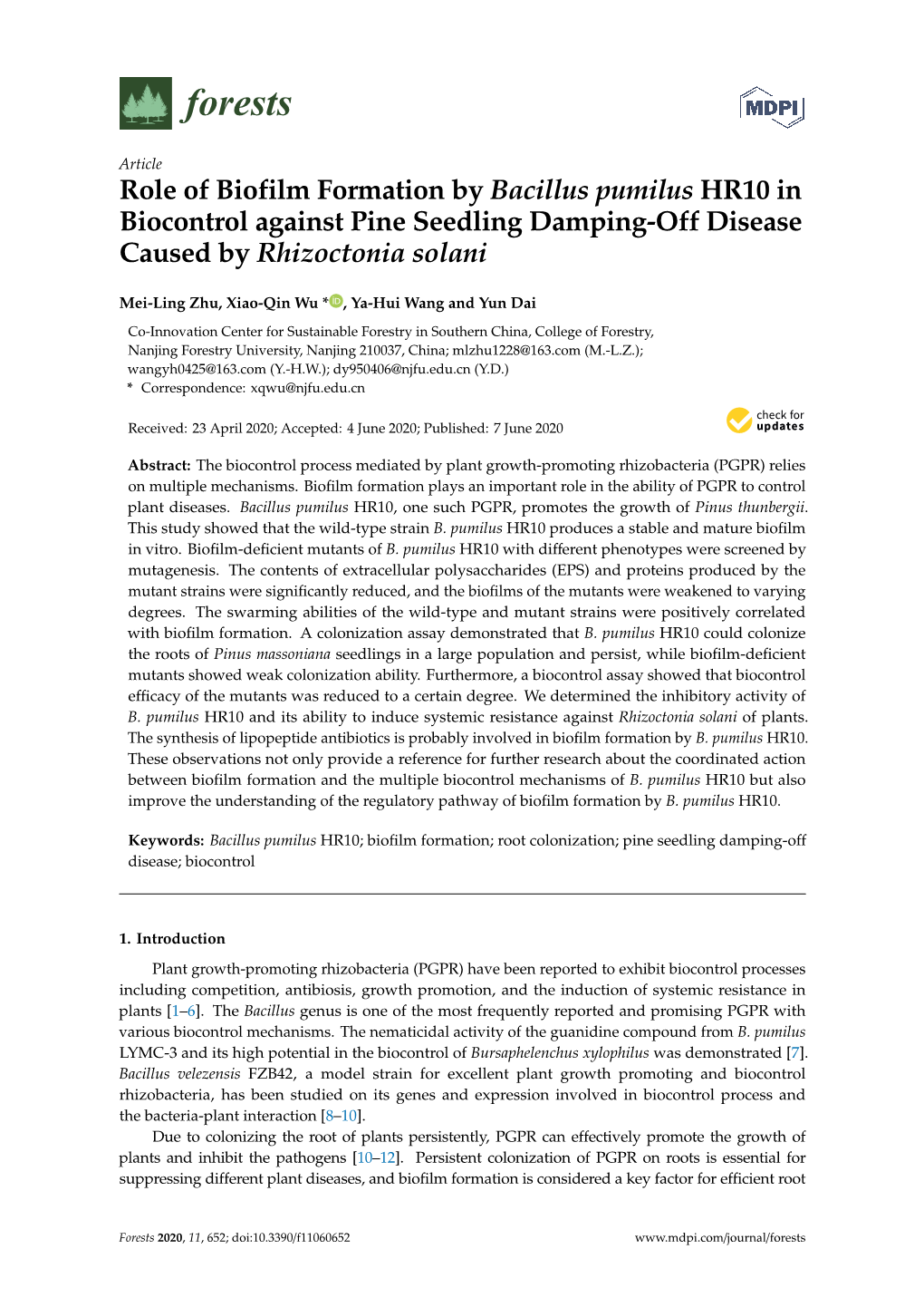 Role of Biofilm Formation by Bacillus Pumilus HR10 in Biocontrol Against Pine Seedling Damping-Off Disease Caused by Rhizoctonia Solani