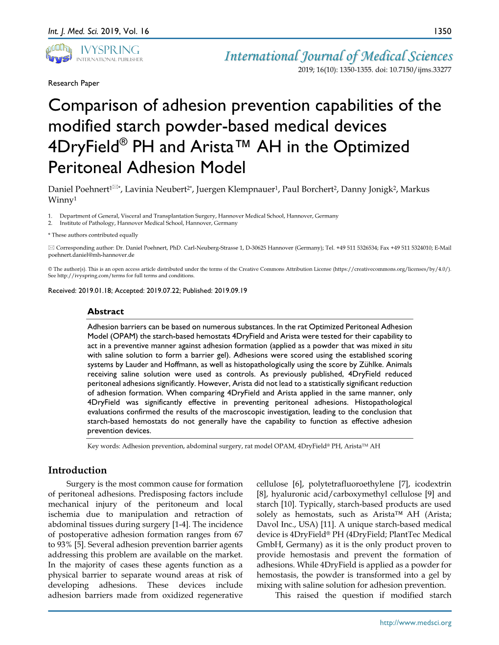 Comparison of Adhesion Prevention Capabilities of the Modified Starch