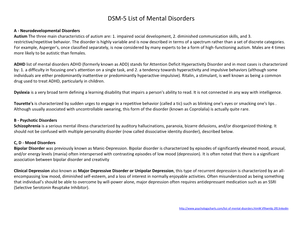 DSM-5 List of Mental Disorders