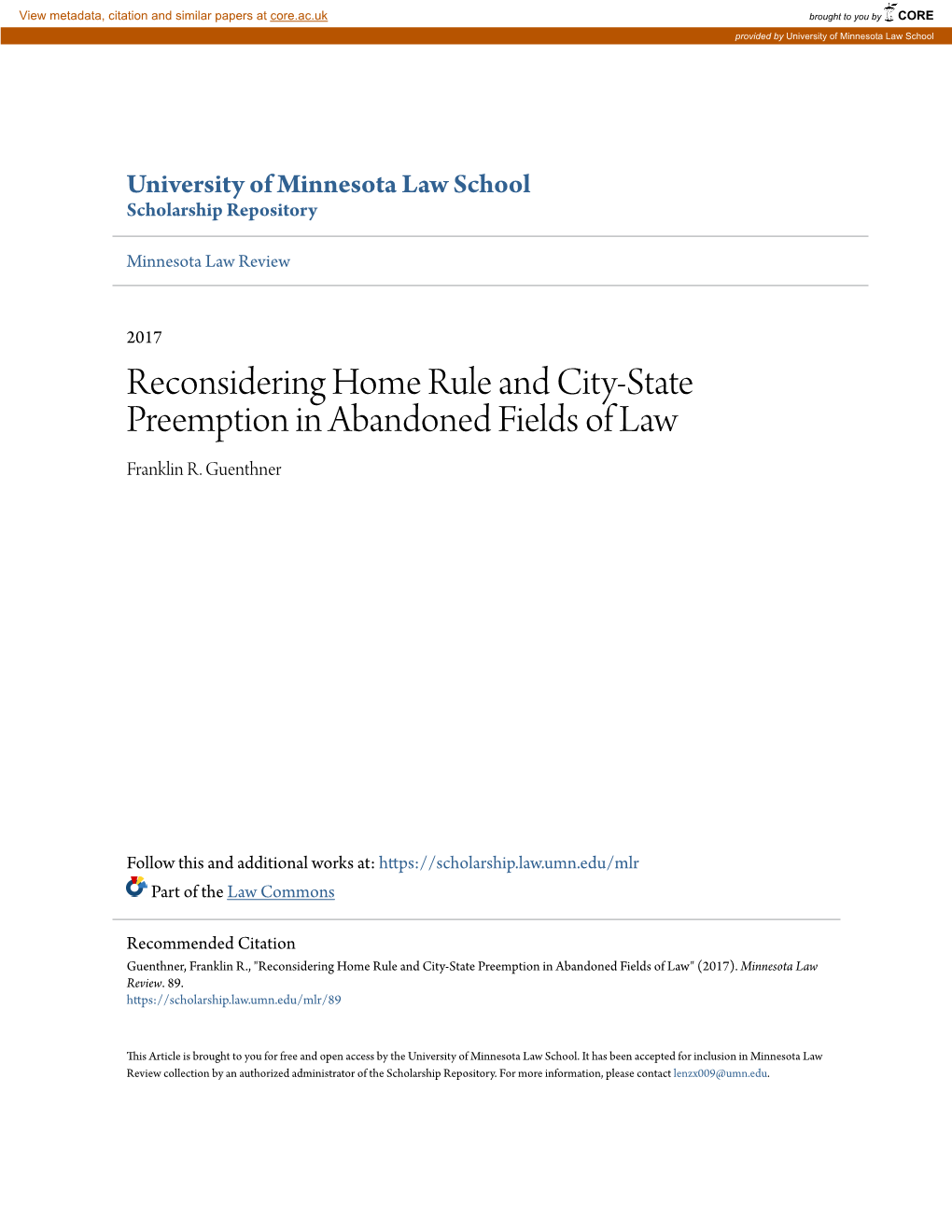 Reconsidering Home Rule and City-State Preemption in Abandoned Fields of Law Franklin R