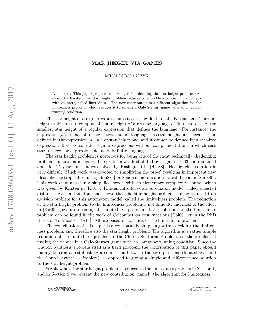 Arxiv:1708.03603V1 [Cs.LO] 11 Aug 2017 Ness Problem, and Therefore Also the Star Height Problem