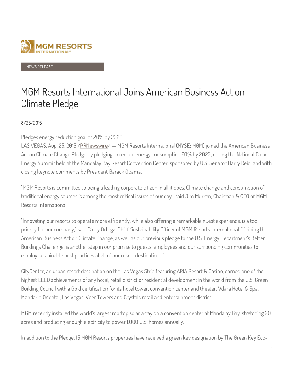 MGM Resorts International Joins American Business Act on Climate Pledge