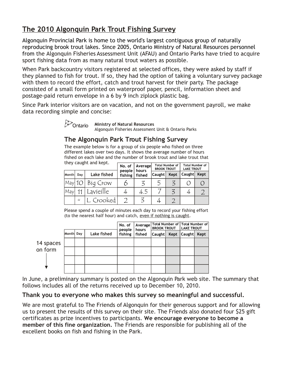 2010 Algonquin Park Trout Fishing Survey Algonquin Provincial Park Is Home to the World's Largest Contiguous Group of Naturally Reproducing Brook Trout Lakes