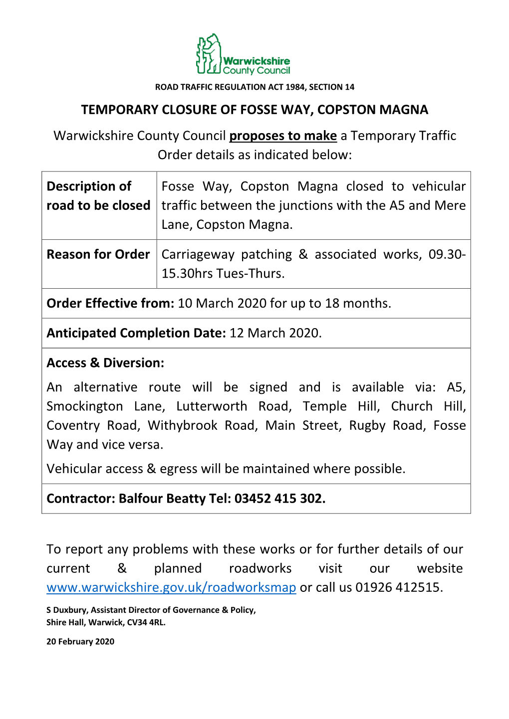 WPC Road Closure, Fosse Way Copston Magna