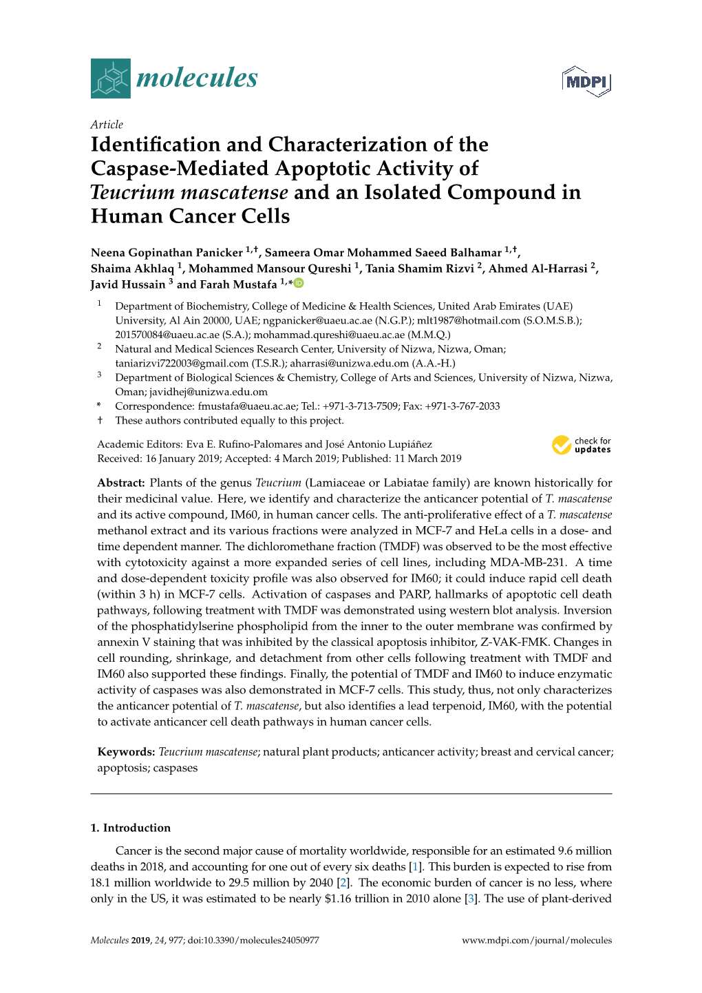 Identification and Characterization of the Caspase-Mediated Apoptotic Activity of Teucrium Mascatense and an Isolated Compound in Human Cancer Cells