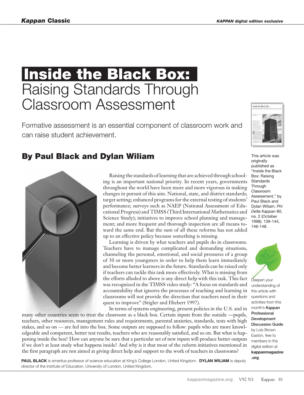 Inside the Black Box: Raising Standards Through Classroom Assessment