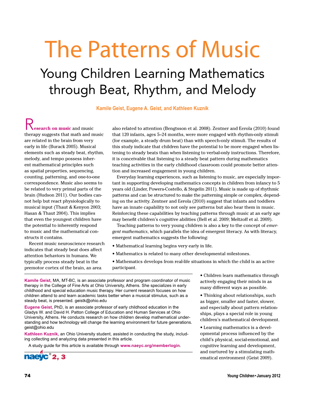 The Patterns of Music Young Children Learning Mathematics Through Beat, Rhythm, and Melody