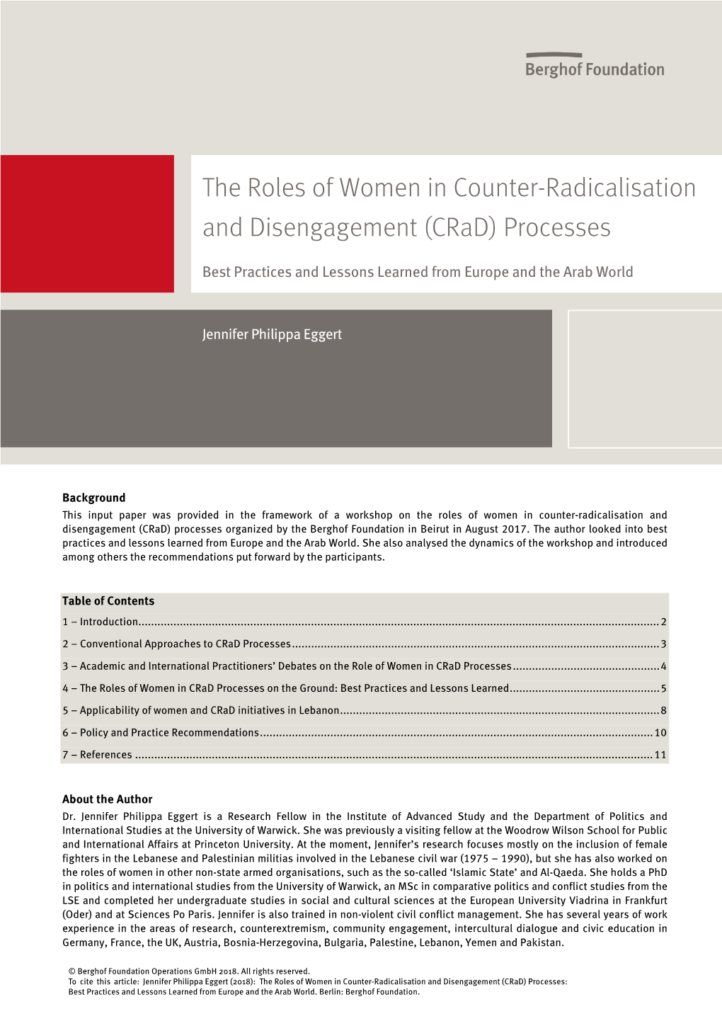 The Roles of Women in Counter-Radicalisation and Disengagement (Crad) Processes