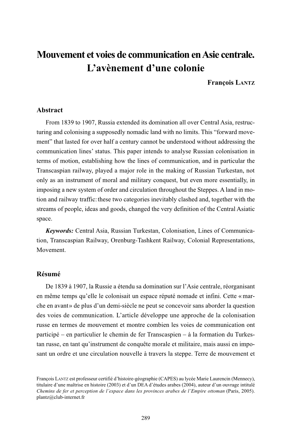 Mouvement Et Voies De Communication En Asie Centrale. L’Avènement D’Une Colonie François LANTZ