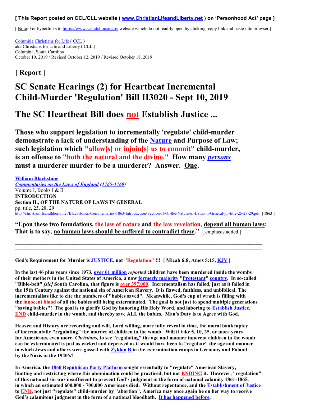 SC Senate Hearings (2) for Heartbeat Incremental Child-Murder 'Regulation' Bill H3020 - Sept 10, 2019