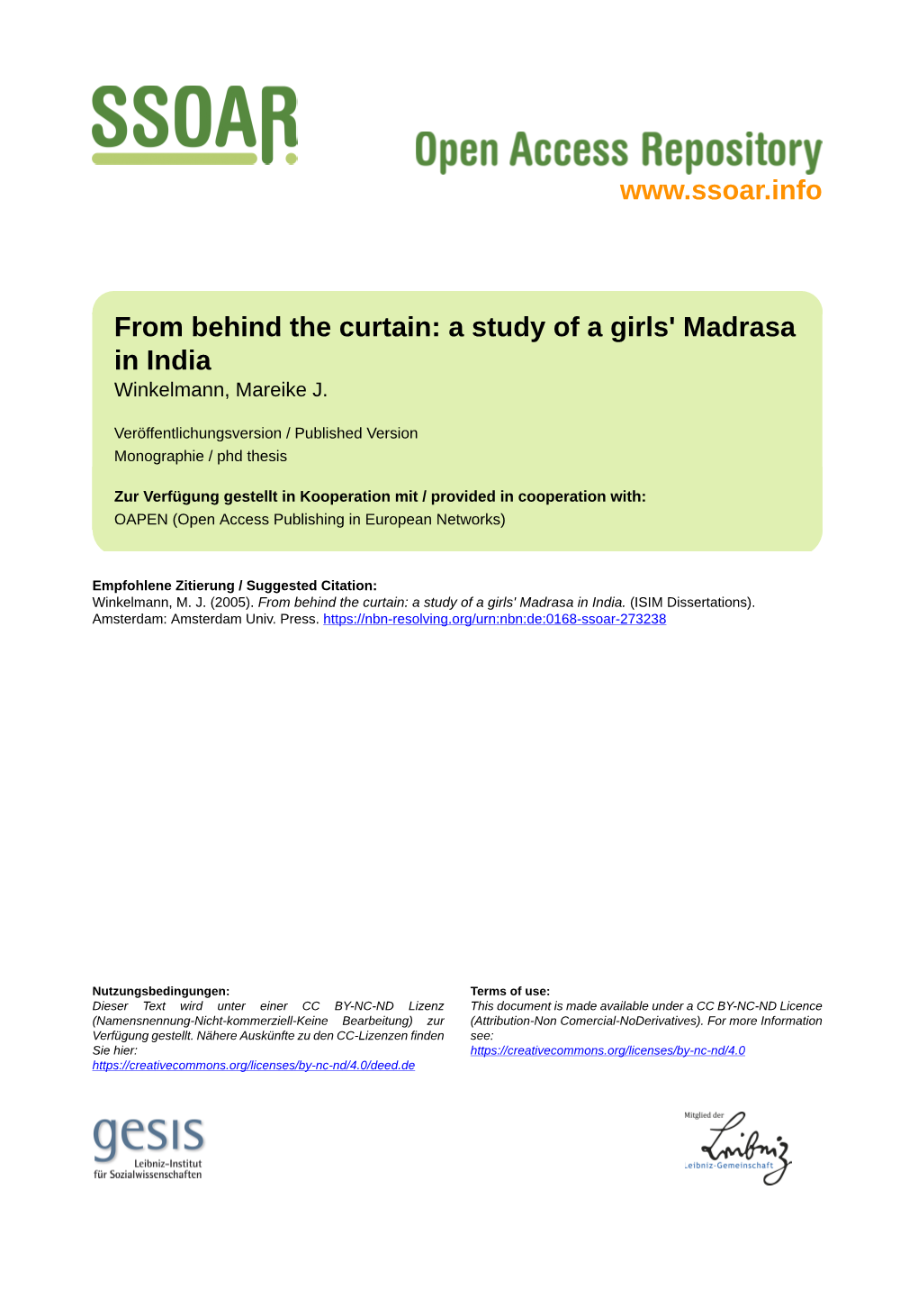 From Behind the Curtain: a Study of a Girls' Madrasa in India Winkelmann, Mareike J