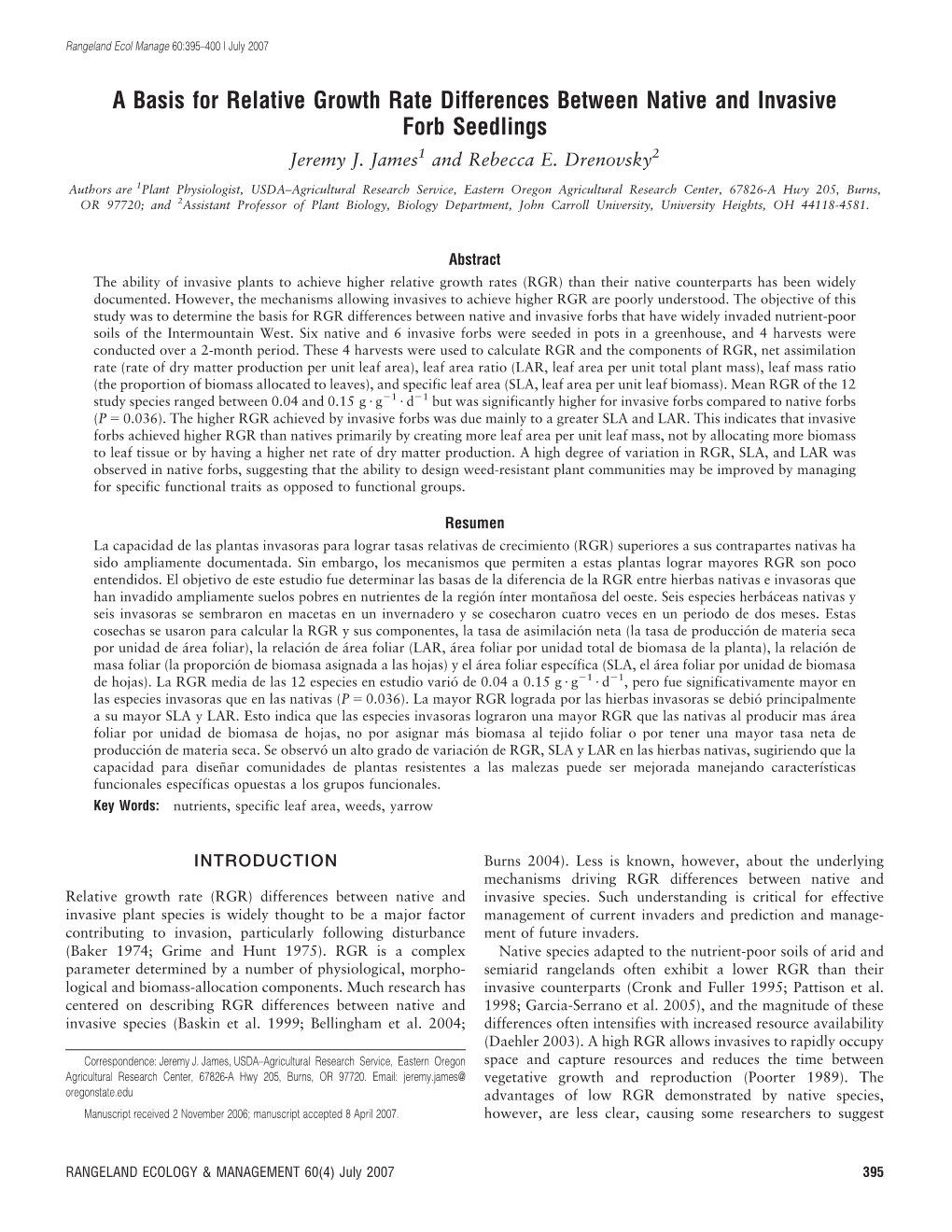 A Basis for Relative Growth Rate Differences Between Native and Invasive Forb Seedlings Jeremy J