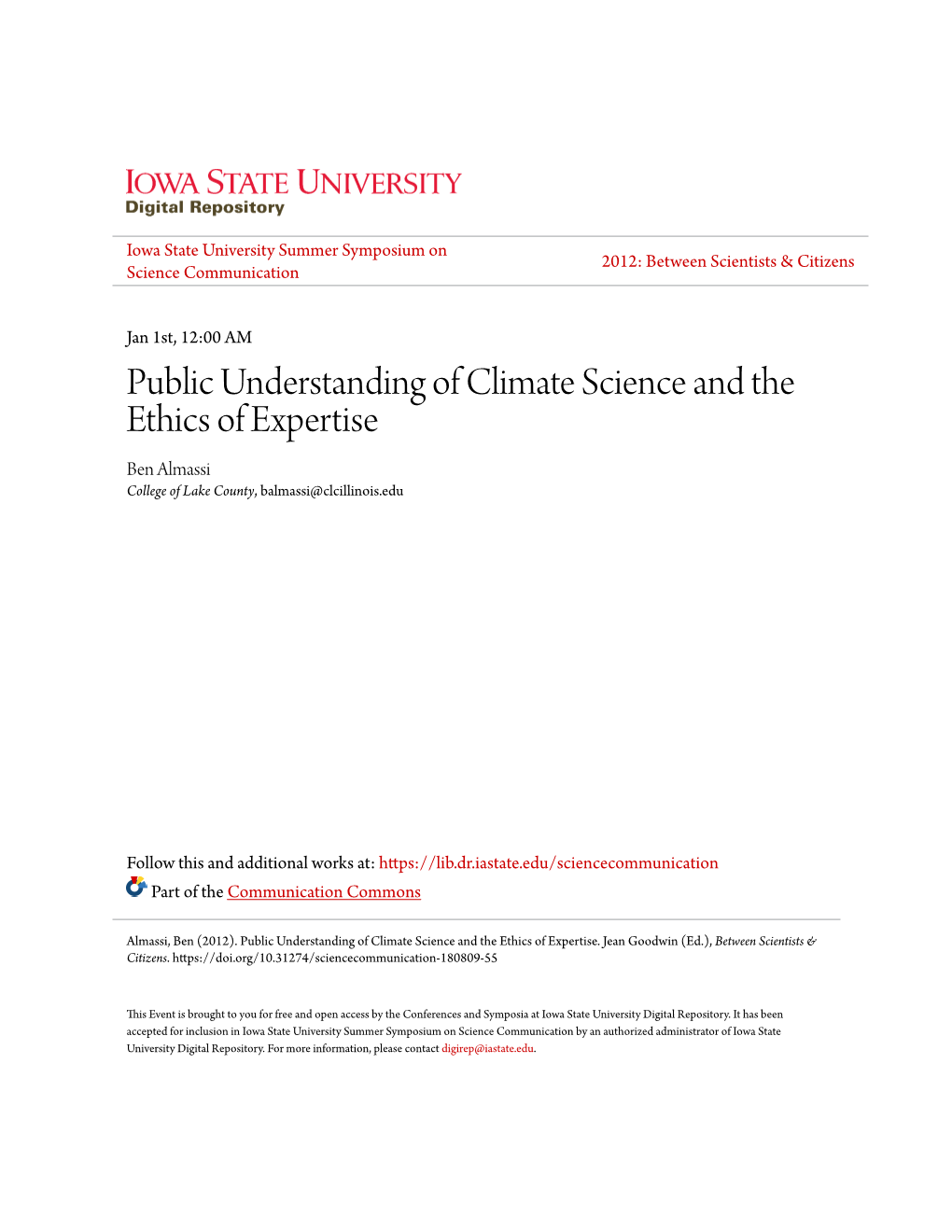 Public Understanding of Climate Science and the Ethics of Expertise Ben Almassi College of Lake County, Balmassi@Clcillinois.Edu