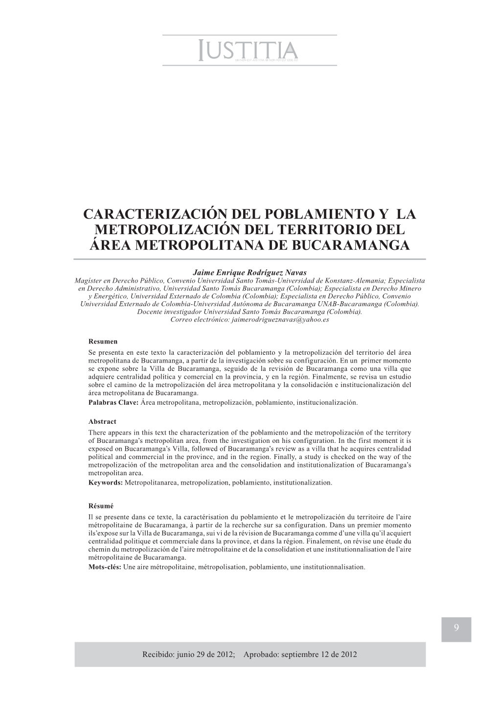 Caracterización Del Poblamiento Y La Metropolización Del Territorio Del Área Metropolitana De Bucaramanga