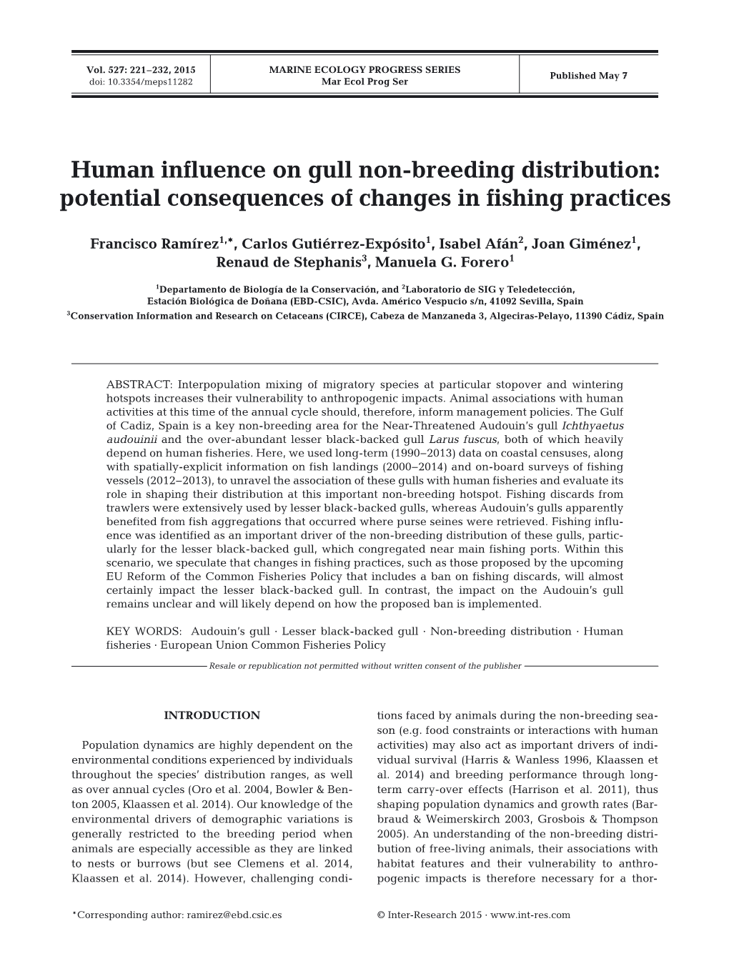 Human Influence on Gull Non-Breeding Distribution: Potential Consequences of Changes in Fishing Practices