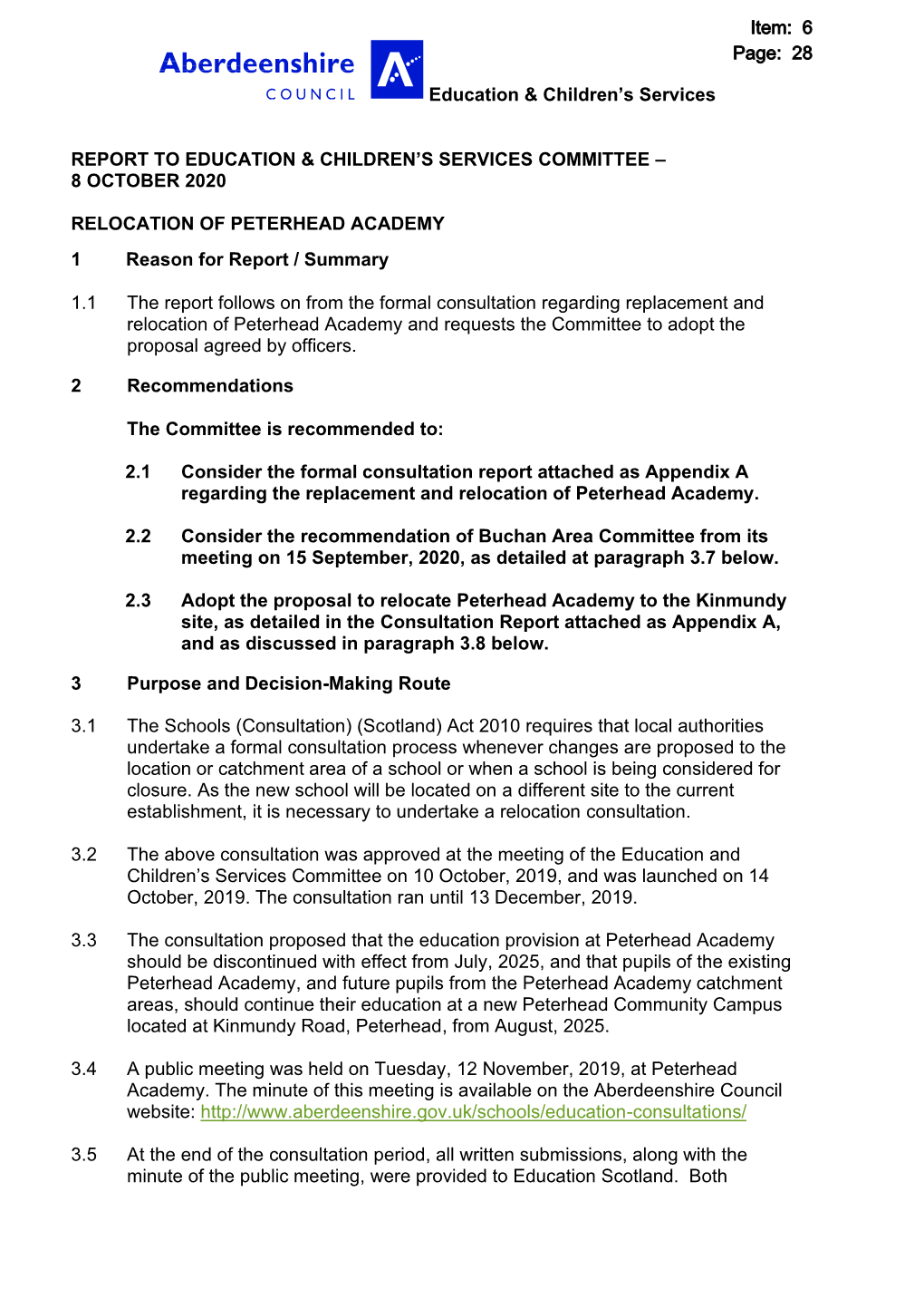 6. Relocation of Peterhead Academy