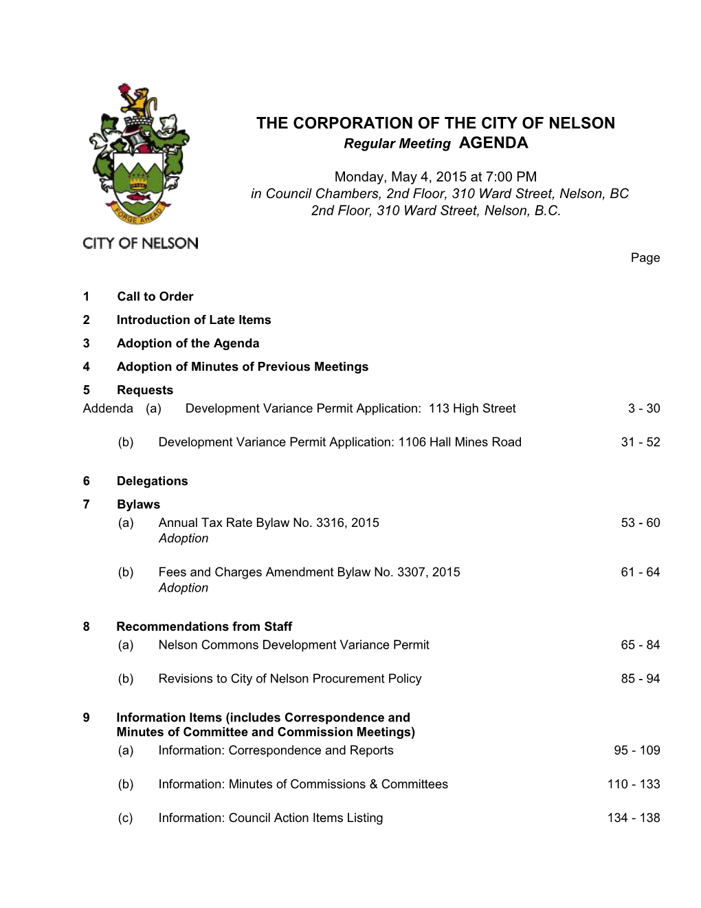 THE CORPORATION of the CITY of NELSON Regular Meeting AGENDA