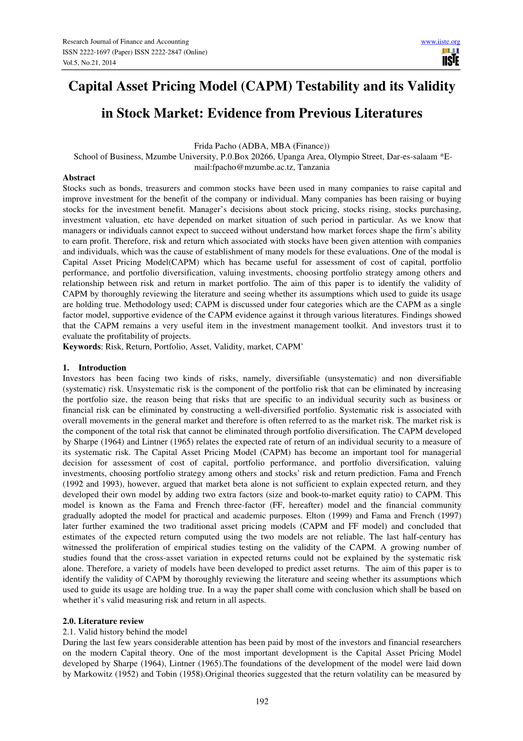 Capital Asset Pricing Model (CAPM) Testability and Its Validity in Stock Market: Evidence from Previous Literatures