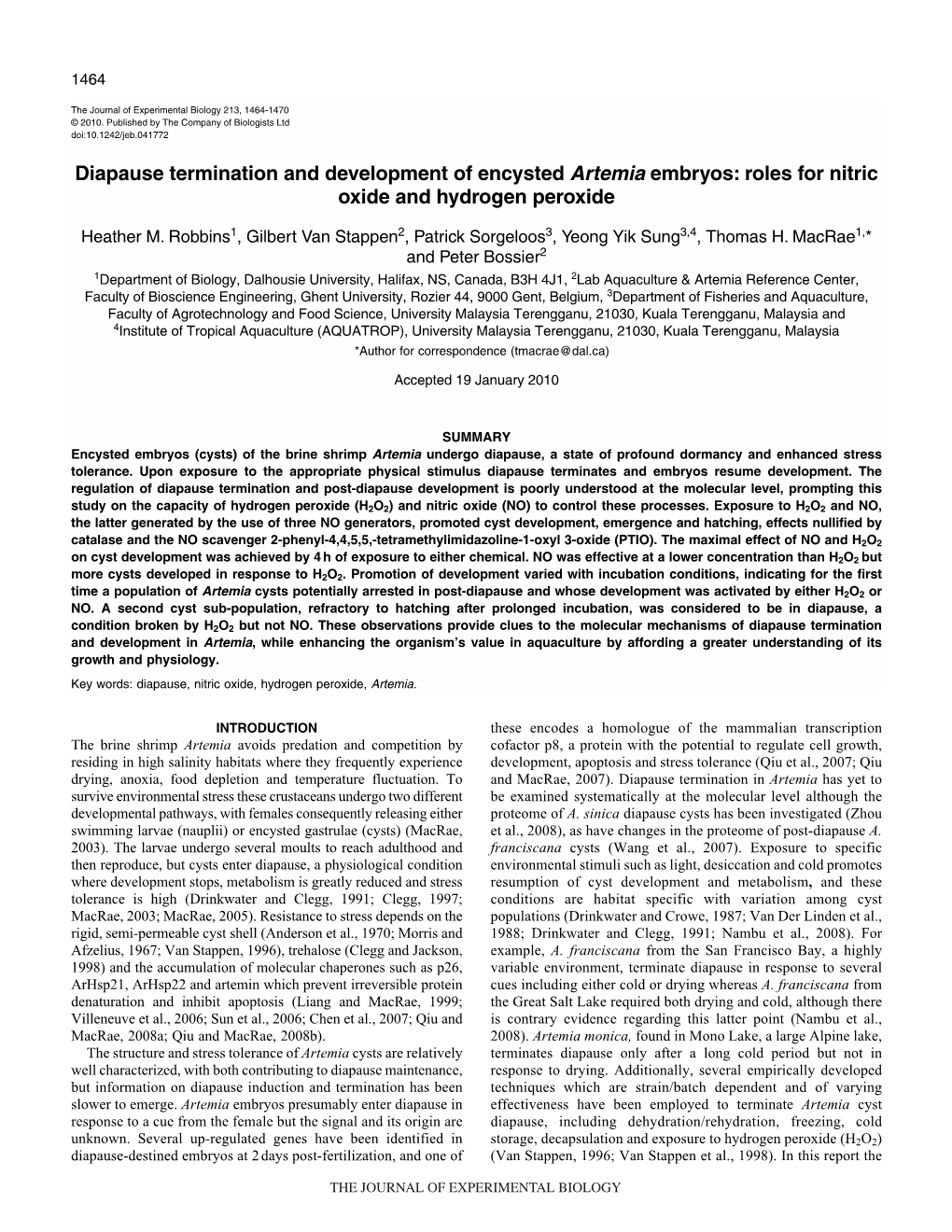 Diapause Termination and Development of Encysted Artemia Embryos: Roles for Nitric Oxide and Hydrogen Peroxide