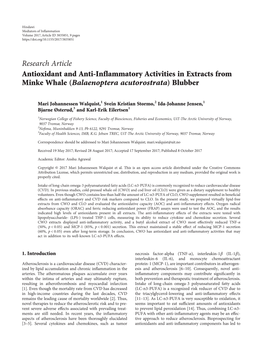 Research Article Antioxidant and Anti-Inflammatory Activities in Extracts from Minke Whale (Balaenoptera Acutorostrata) Blubber