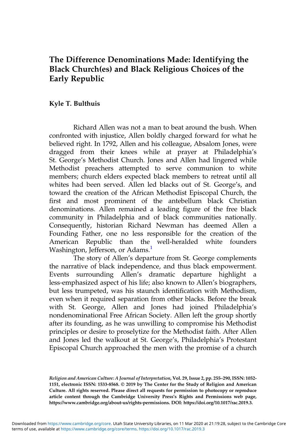 The Difference Denominations Made: Identifying the Black Church(Es) and Black Religious Choices of the Early Republic