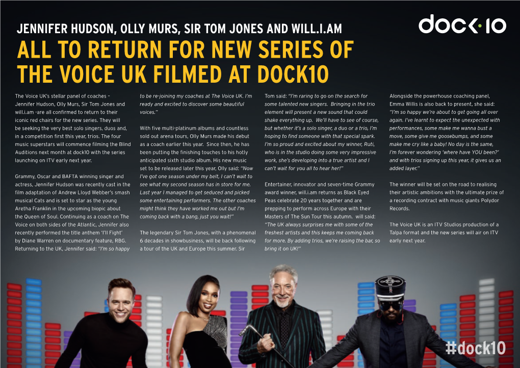 To Return for New Series of the Voice Uk Filmed at Dock10