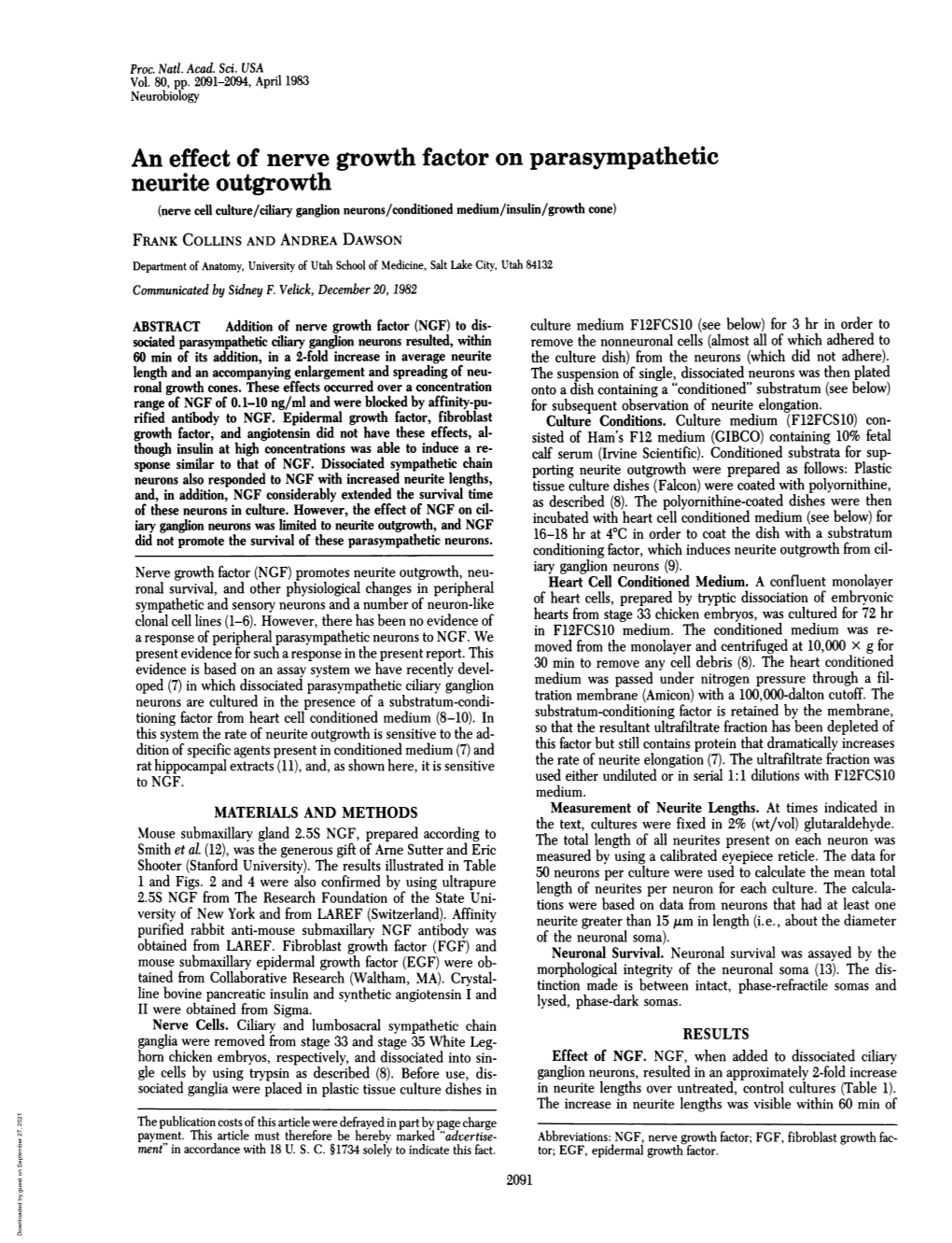 An Effect of Nerve Growth Factor on Parasympathetic Neurite Outgrowth
