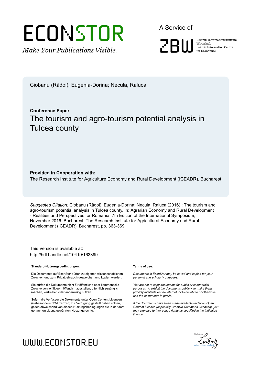 The Tourism and Agro-Tourism Potential Analysis in Tulcea County