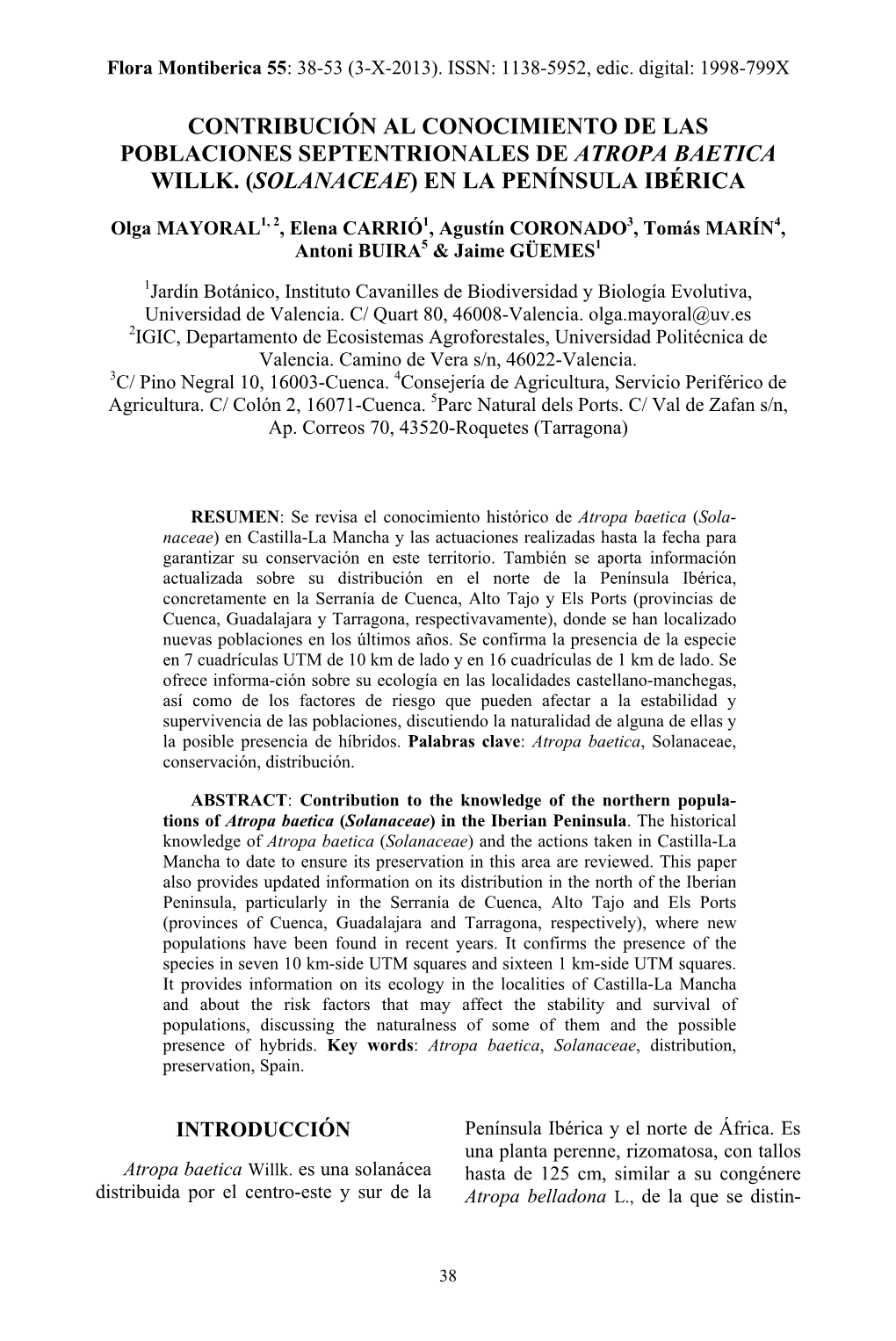 Contribución Al Conocimiento De Las Poblaciones Septentrionales De Atropa Baetica Willk. (Solanaceae) En La Península Ibérica