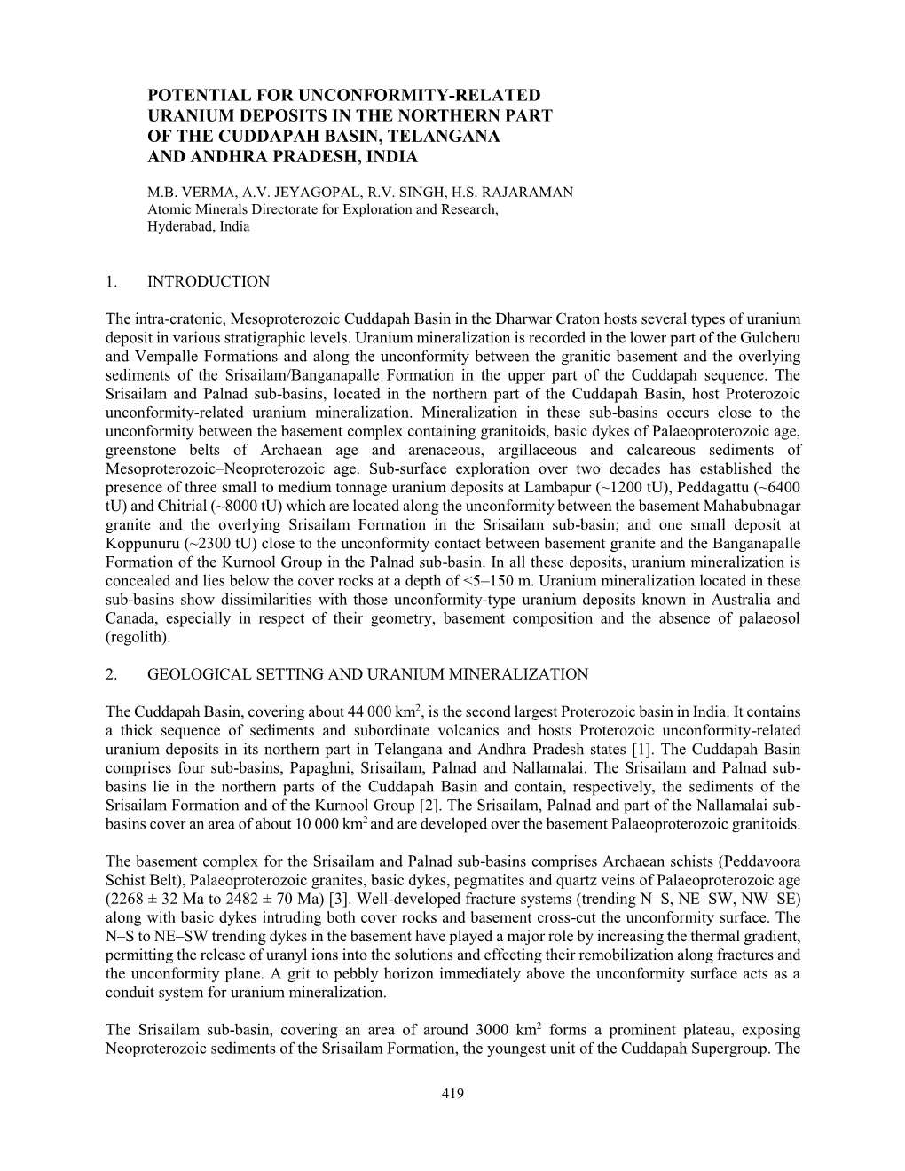 Potential for Unconformity-Related Uranium Deposits in the Northern Part of the Cuddapah Basin, Telangana and Andhra Pradesh, India