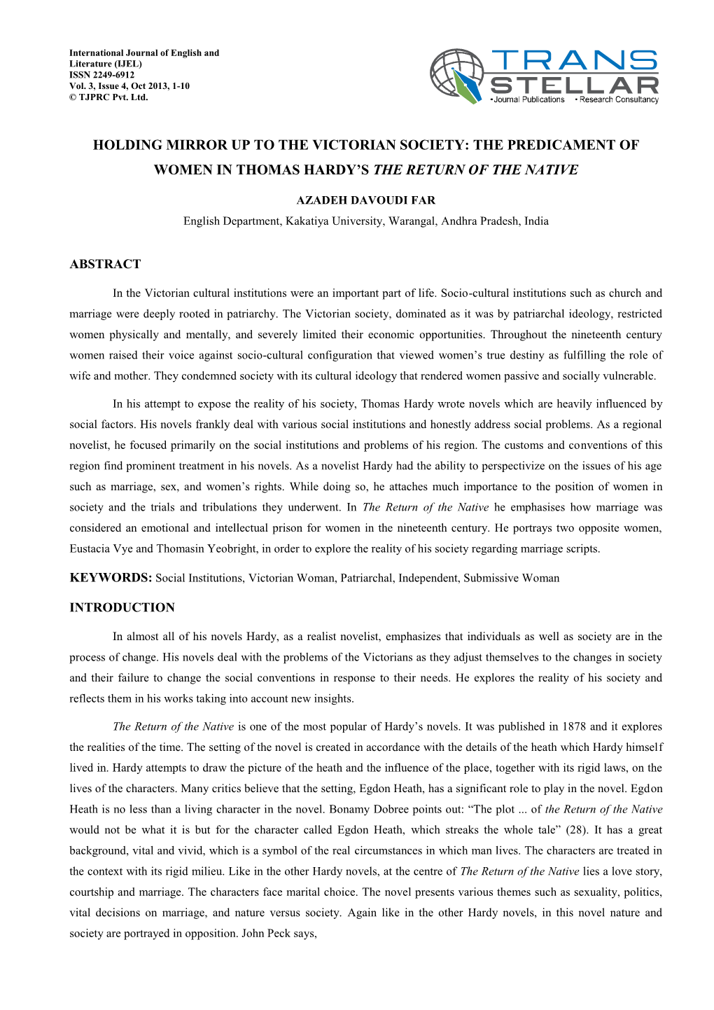 Holding Mirror up to the Victorian Society: the Predicament of Women in Thomas Hardy's the Return of the Native