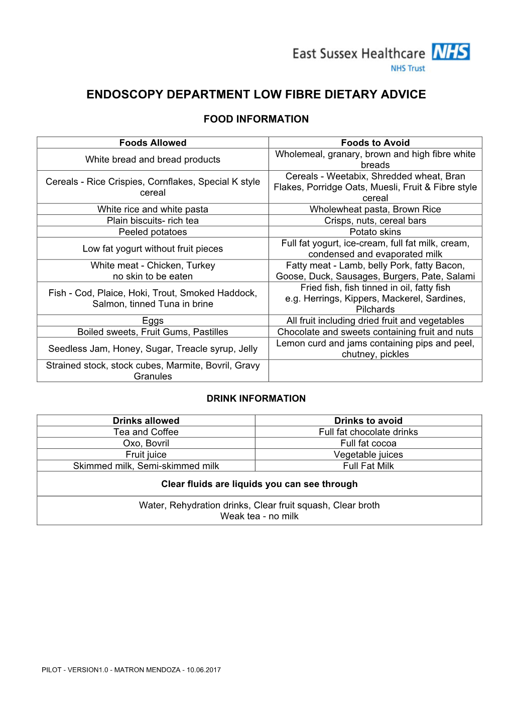 Endoscopy Department Low Fibre Dietary Advice