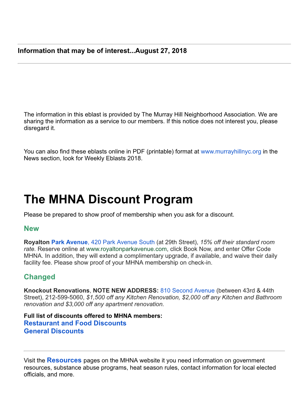 The MHNA Discount Program Please Be Prepared to Show Proof of Membership When You Ask for a Discount