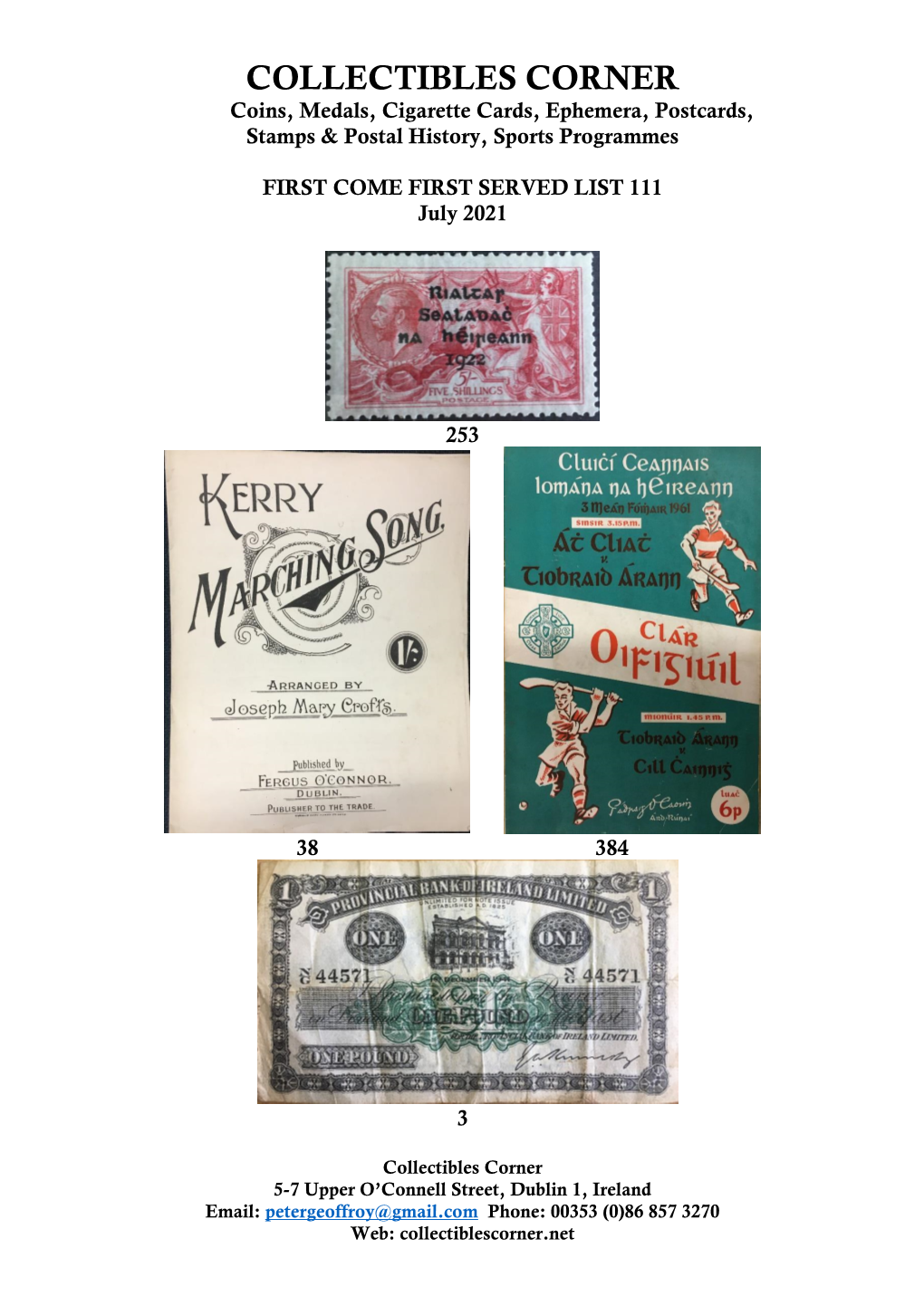 COLLECTIBLES CORNER Coins, Medals, Cigarette Cards, Ephemera, Postcards, Stamps & Postal History, Sports Programmes